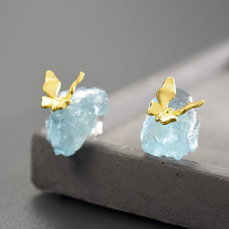 Aquamarine Butterfly - Stud Earrings