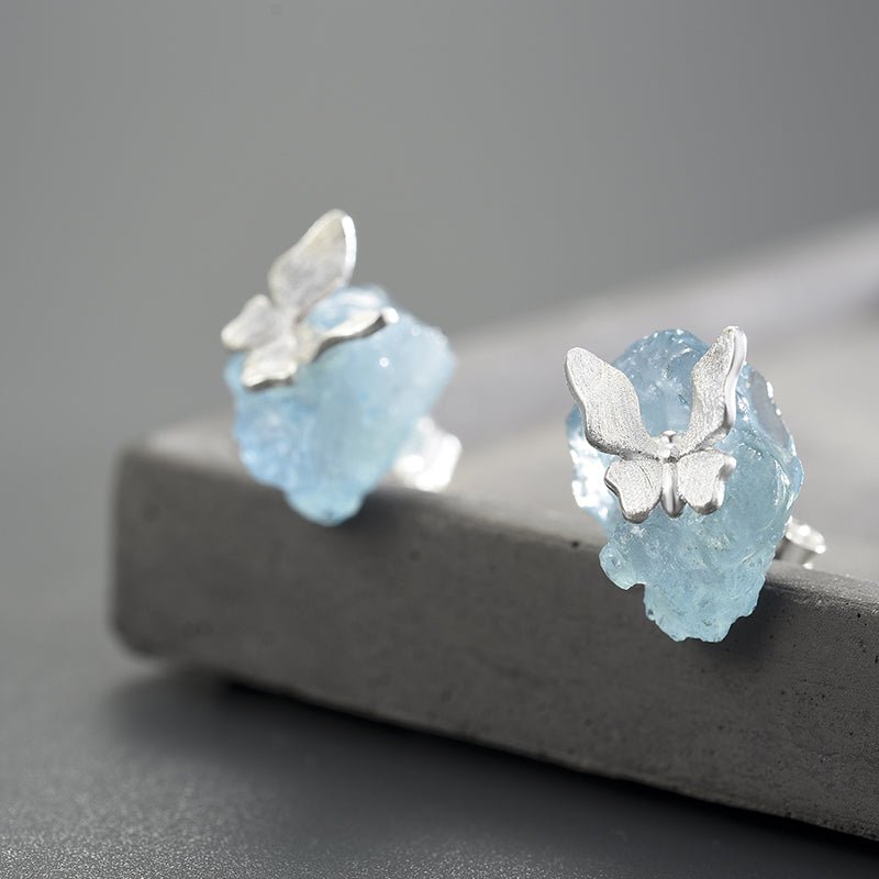 Aquamarine Butterfly - Stud Earrings