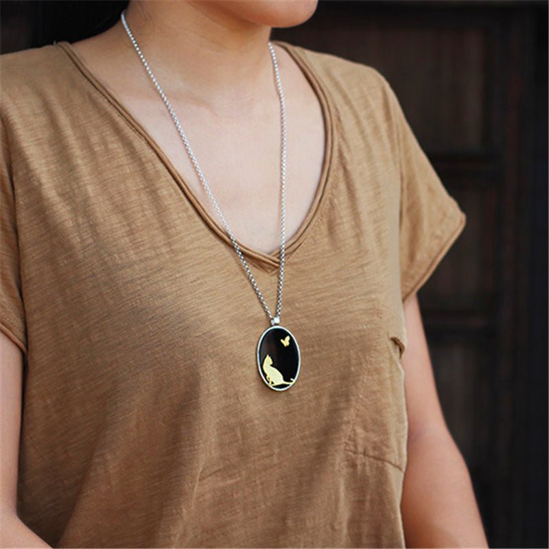 Cat and Butterfly - Handmade Pendant
