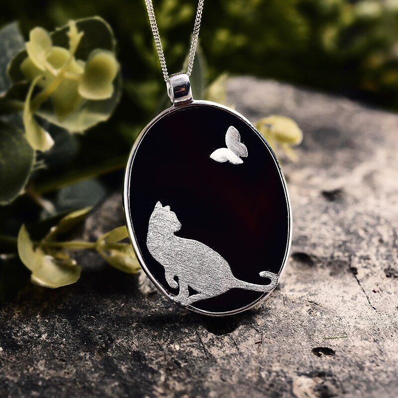 Cat and Butterfly - Handmade Pendant