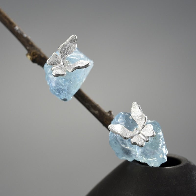 Aquamarine Butterfly - Stud Earrings